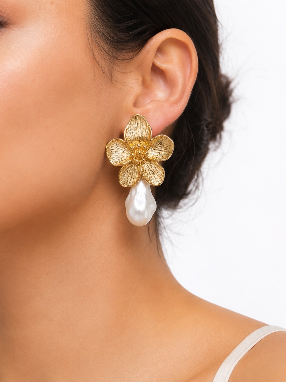 Mango Gold Floral Earrings with White Baroque Pearls - Picture 3 of 5